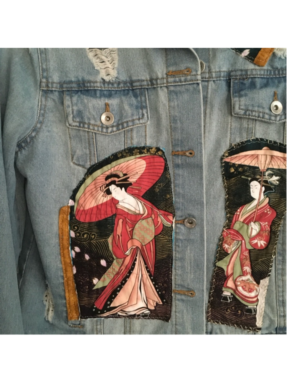 Handmade Upcycled Denim Jacket Geisha Girl Art Kimono XL - Picture 7 of 12